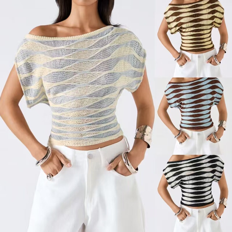New cross-border independent station Amazon wave pattern color-blocking graphic small flutter sleeve knitted slim-fit top