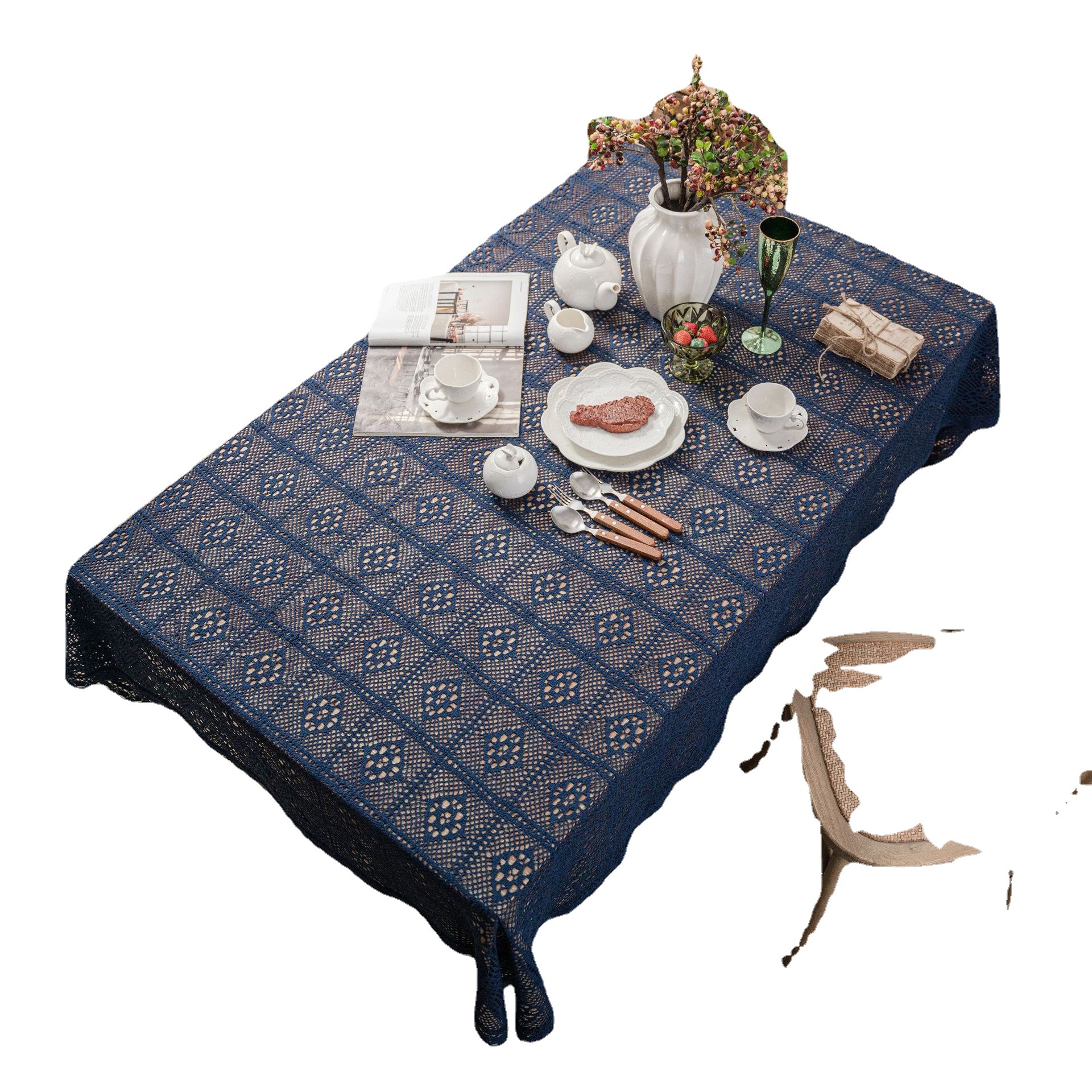 伊缦琪韵藏蓝复古美式钩针圆桌布针织镂空文艺茶几盖布拍摄背景布