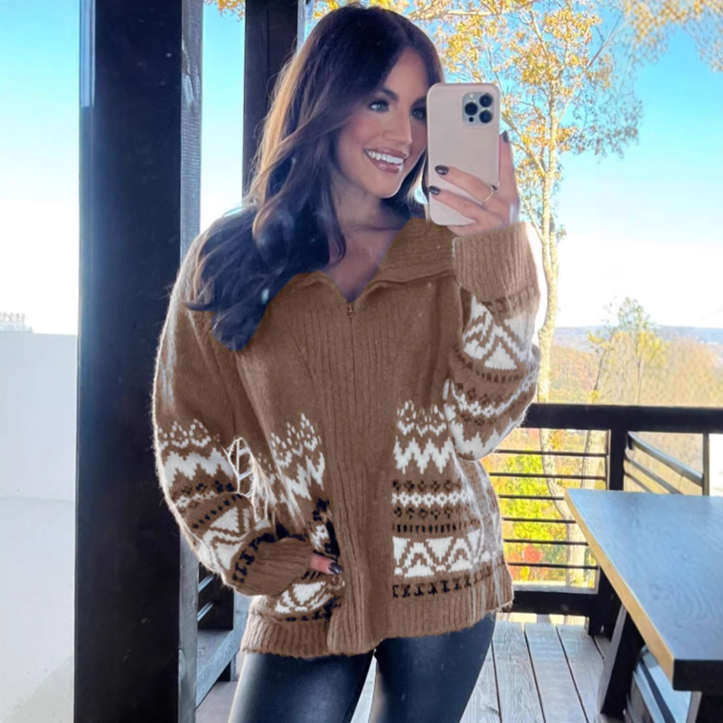 Independent Website Cross-Border Hot-Selling New Winter Style Lapel Long-Sleeve Top for Women, European and American Fashion Western Print Knit Sweater for Women