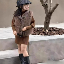 儿童2025年新款女童秋冬保暖加绒修身毛衣裙马甲皮毛韩版两件套装