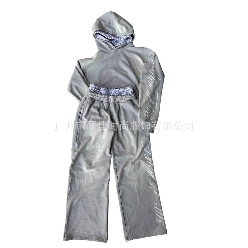 欧美跨境长袖套头连帽衫卫衣卫裤套装朋克印花外套y2k街头潮流ins