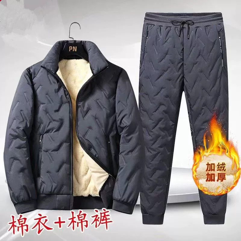 Трансграничные зимние мужские хлопчатобумажные костюмы с бархатом и утолщением стоячий воротник ягненка из двух частей повседневные хлопчатобумажные брюки хлопчатобумажная куртка