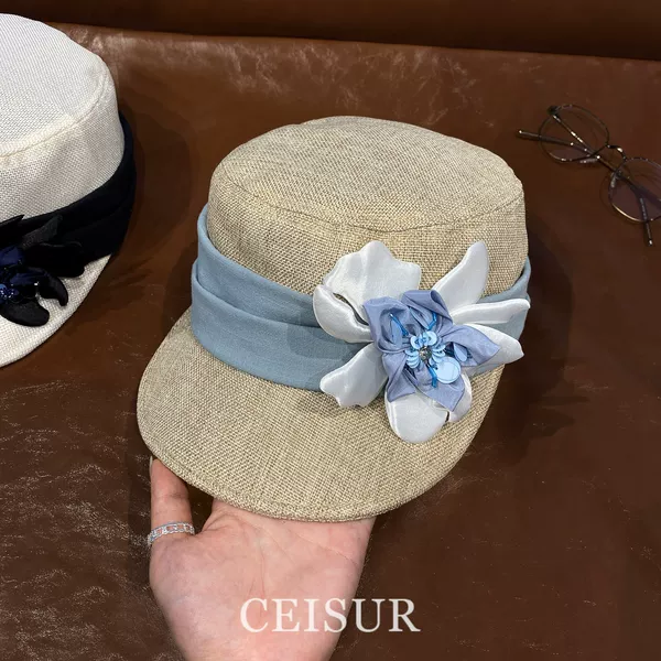 Original~Imitation Linen Floral Equestrian Hat for Women, Summer Large Brim Sunshade and Sun Protection Elegant Hat, New Style Baseball Cap