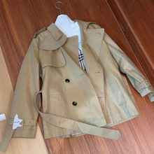 定制英伦双排扣系带小个子立领外套女秋卡奇色时尚百搭中长款风衣