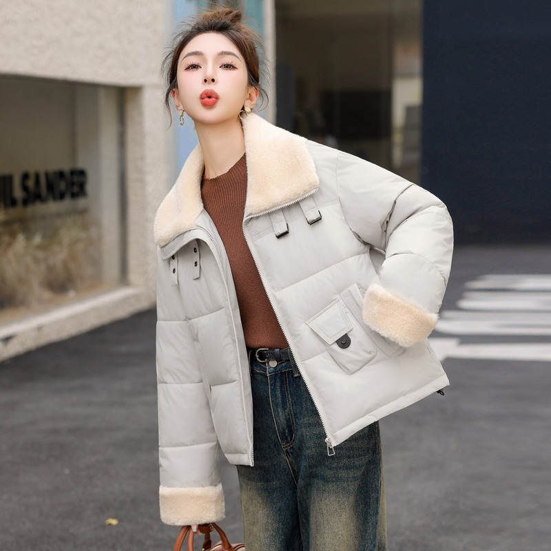 欧货外贸短款羽绒棉服女2025冬季小个子洋气羊羔毛翻领时尚棉衣女|undefined