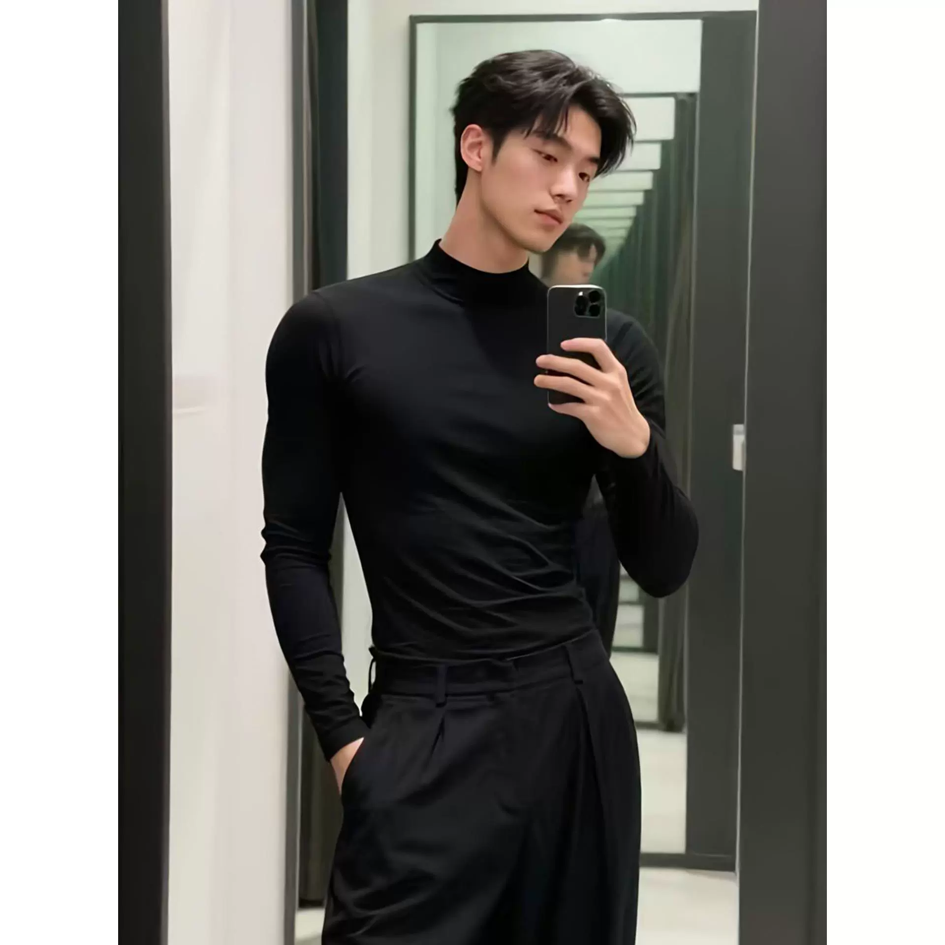 源头工厂黑色半高领德绒打底衫男秋季正肩修身长袖t恤内搭卫衣