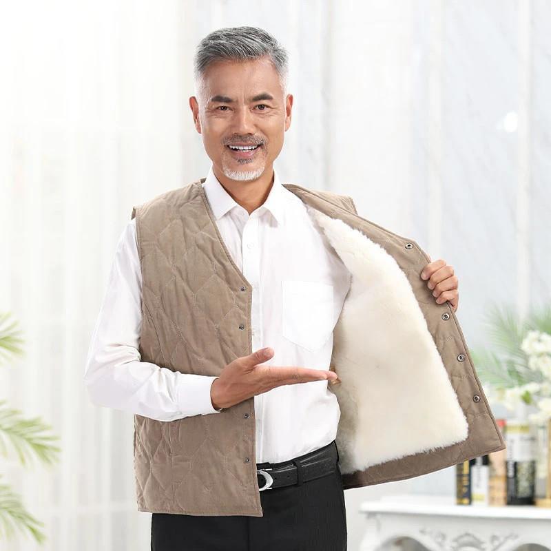 Western Region Leather Wool Vest for Men, Sheepskin Integrated Lamb Vest, Thickened Fleece Warm Vest for Middle-Aged and Elderly