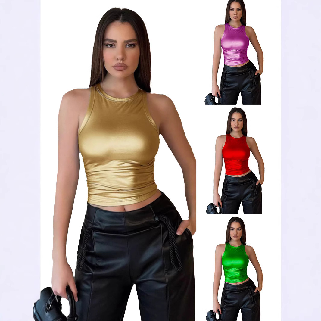 2025春夏新款纯色圆领无袖紧身T恤上衣亚马逊独立站跨境女装现货