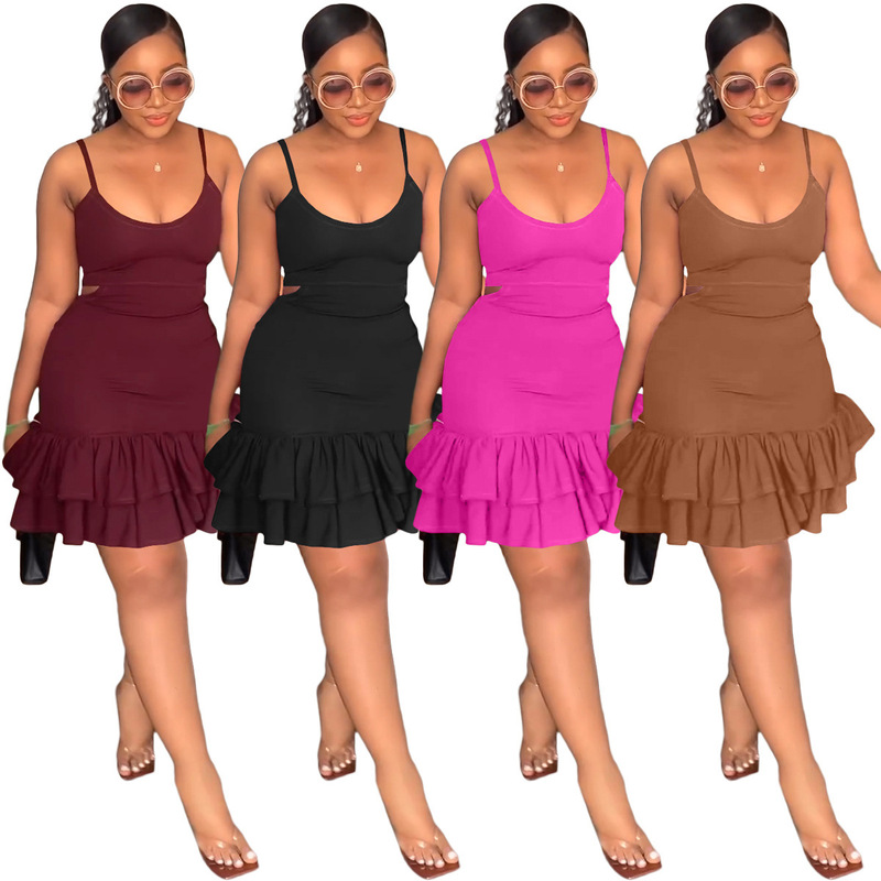 Cross-border supply European and American women's clothing Amazon AliExpress casual fashion sling low-cut ruffled sheath dress