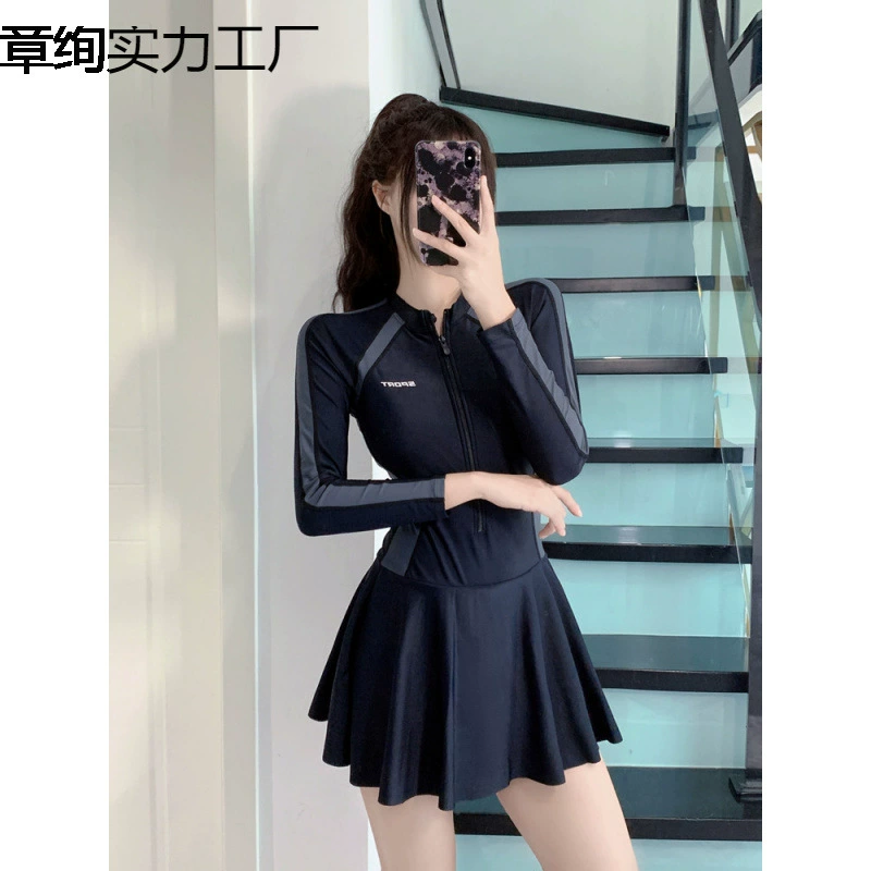 2025 новый цельный купальник с длинными рукавами и защитой от солнца для женщин, закрывающий живот и стройнящий, консервативный спортивный супер-фея в стиле ins, горячий источник