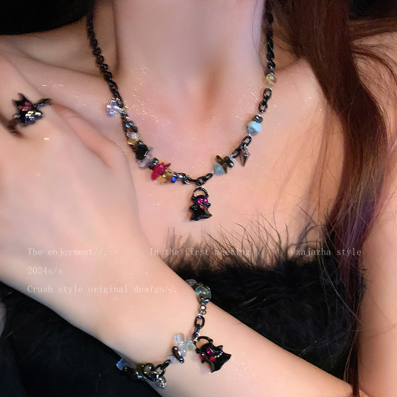 黑色幽灵拼接串珠项链女嘻哈高级感万圣节毛衣链小众独特时尚项链|undefined