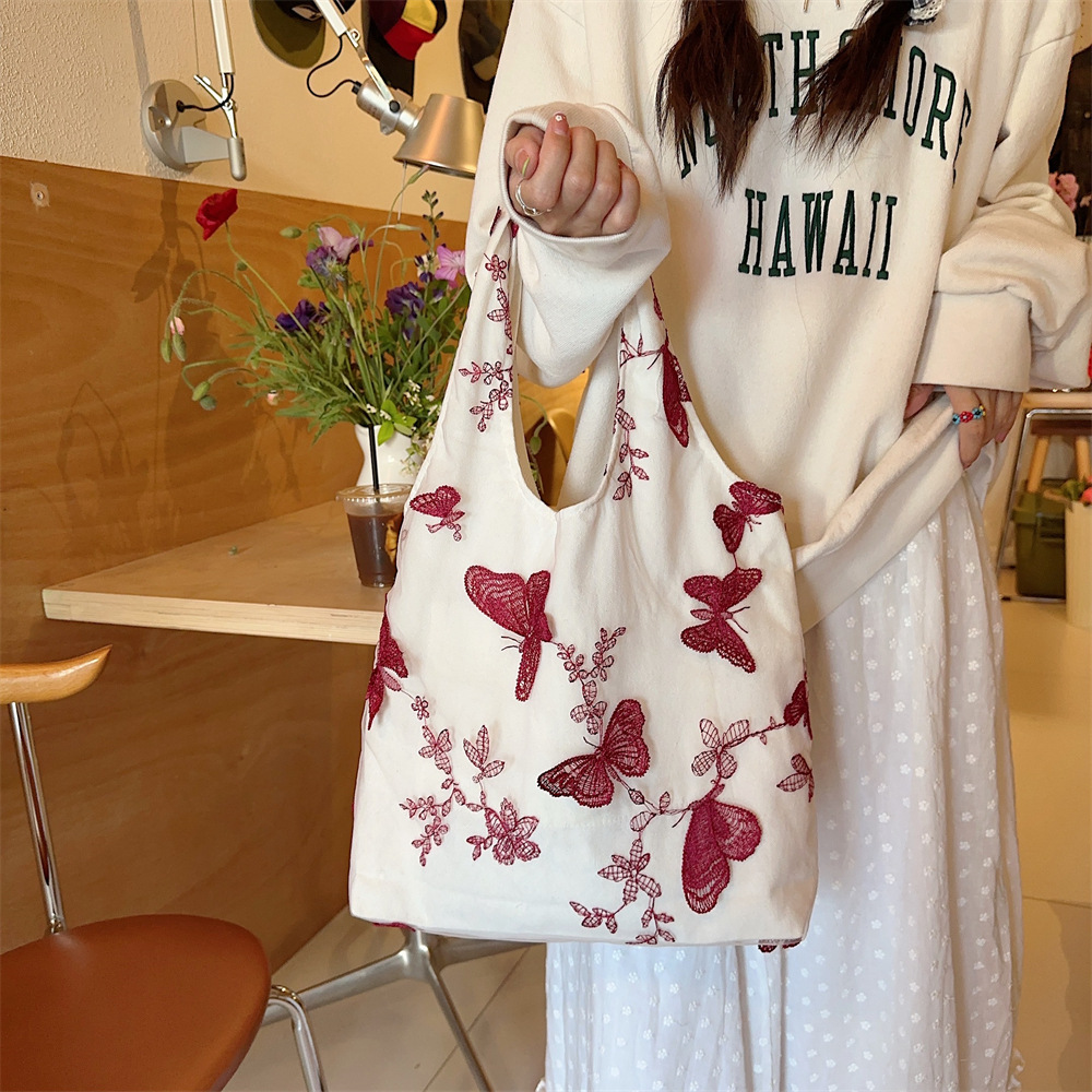44292 Traditional Chinese style retro embroidered lace butterfly cloth bag for casual women's travel, canvas bag, large capacity single-shoulder bag undefined