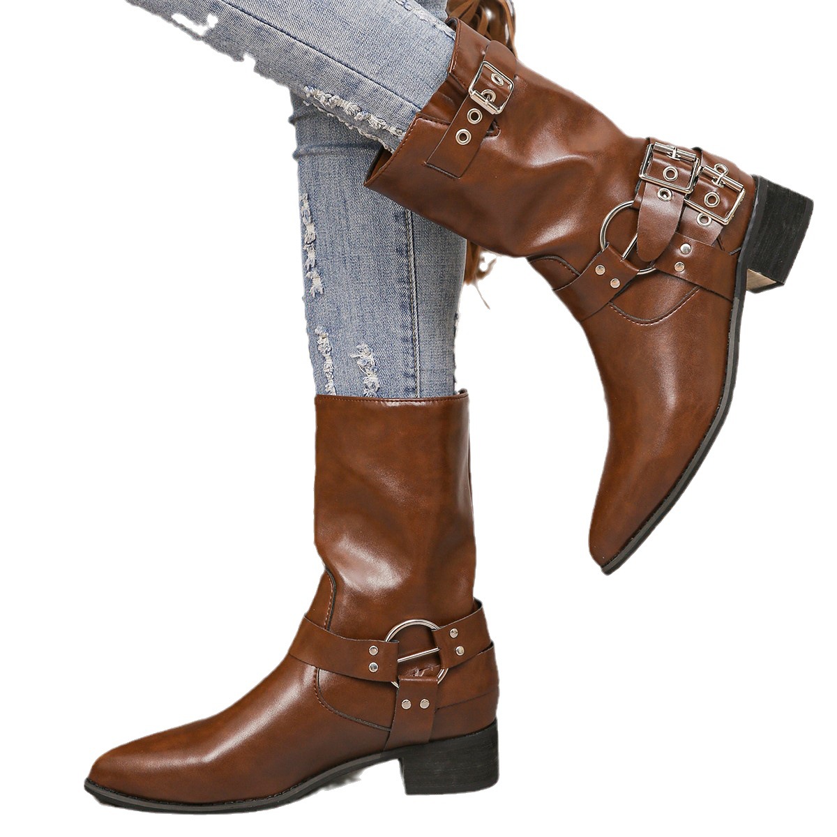 Women's Shoes Western cowboy boots women's retro punk belt buckle martin boots miu home heightened rubbed brown mid tube knight boots_voghion.com