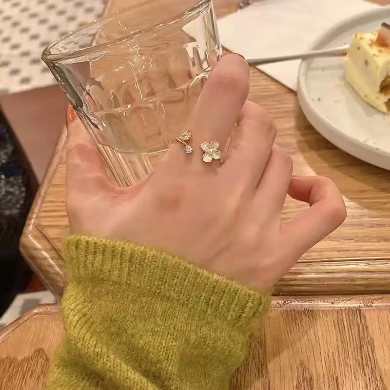 温柔气质花朵戒指女精致珍珠锆石韩国网红百搭开口可调食指戒指环|undefined