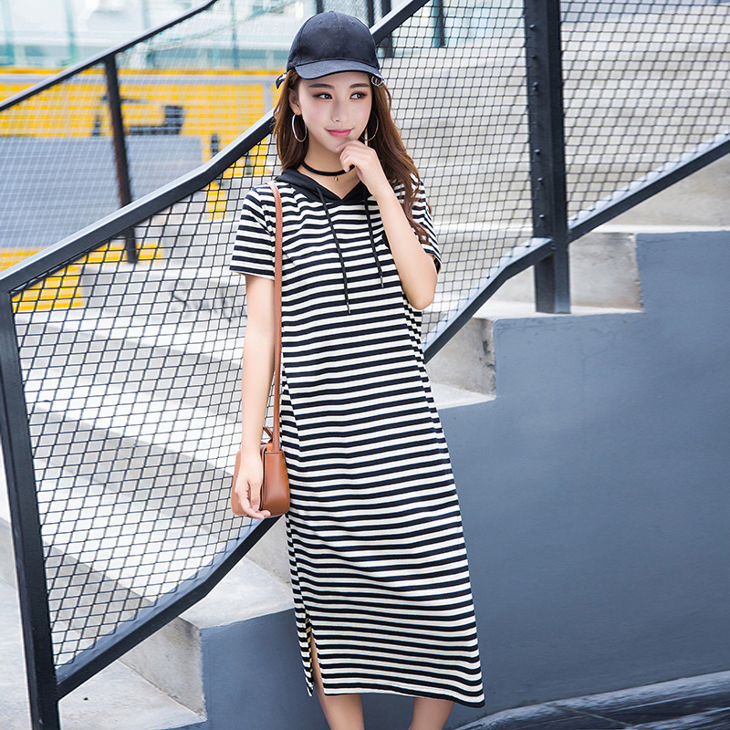 Summer New Korean Style Hooded Dress, Fashionable and Slimming, Black and White Striped, Western Style, Age-Reducing, Long Knitted Dopamine