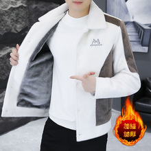 一件代发 2024冬季加绒加厚保暖夹克男装翻领时尚短款外套拼