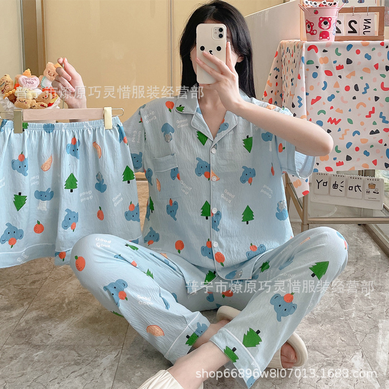 Pequeño pijama de corazón de melocotón para mujeres tres piezas de verano nubes de algodón se puede usar pantalones de manga corta para estudiantes de dibujos animados ropa para el hogar