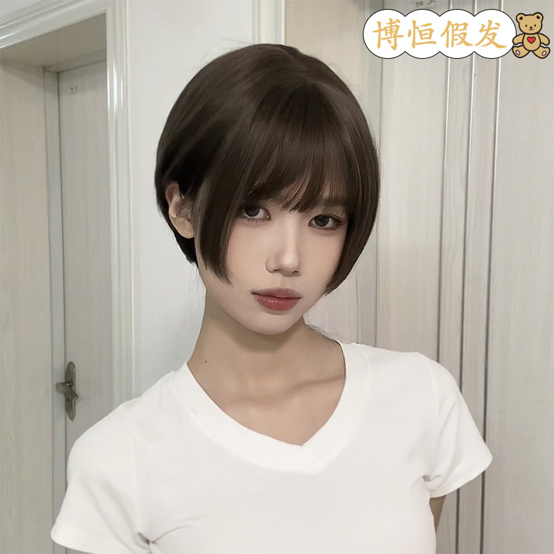 Peluca Bobo Cabeza Corto Cabello de mujer Cabello completo Cabello natural Moda cara redonda Clavícula Cabello Aire flequillo Funda de peluca