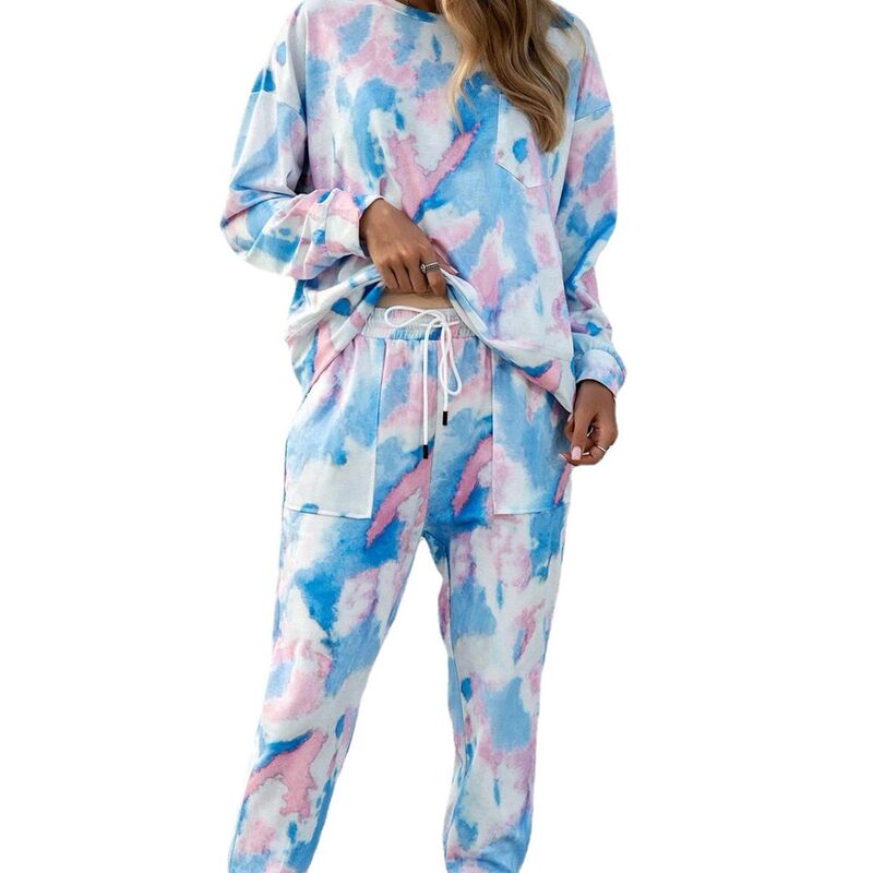 2023 Cross-border Autumn and Winter Women's Sports Casual Suit Loose Tie-dye Printed Shoulder-drop Crewneck Sweat Jogging Pants Suit