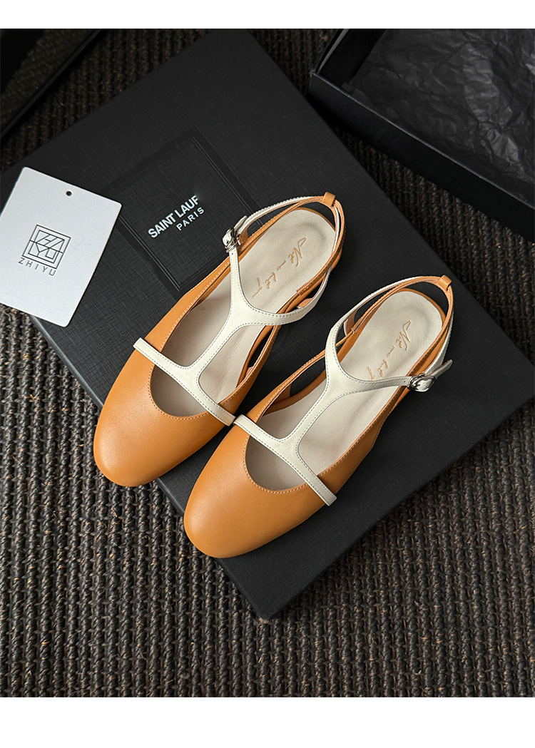 Sandal nữ quai chữ T bít mũi đế bệt da bò phối màu phong cách Hàn — màu nâu chi tiết 19