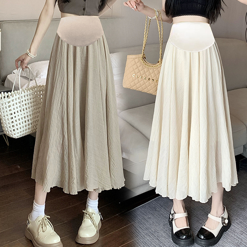 2025 New Summer Thin Outer Wear Loose Casual Ice Silk Cotton and Linen Mid-Length A-Line Maternity Skirt for Pregnant Women