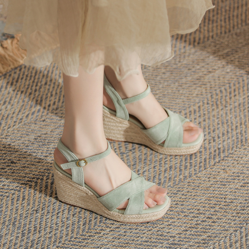 Sandal cao gót nữ hở mũi đế xuồng gót cao 9 cm, quai ngang đan dây thừng — Xanh lá cây nhạtcolor