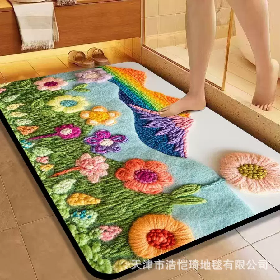 浴室地垫意式风彩虹花卉3D硅藻泥地垫吸水速干防滑厕所门口地垫