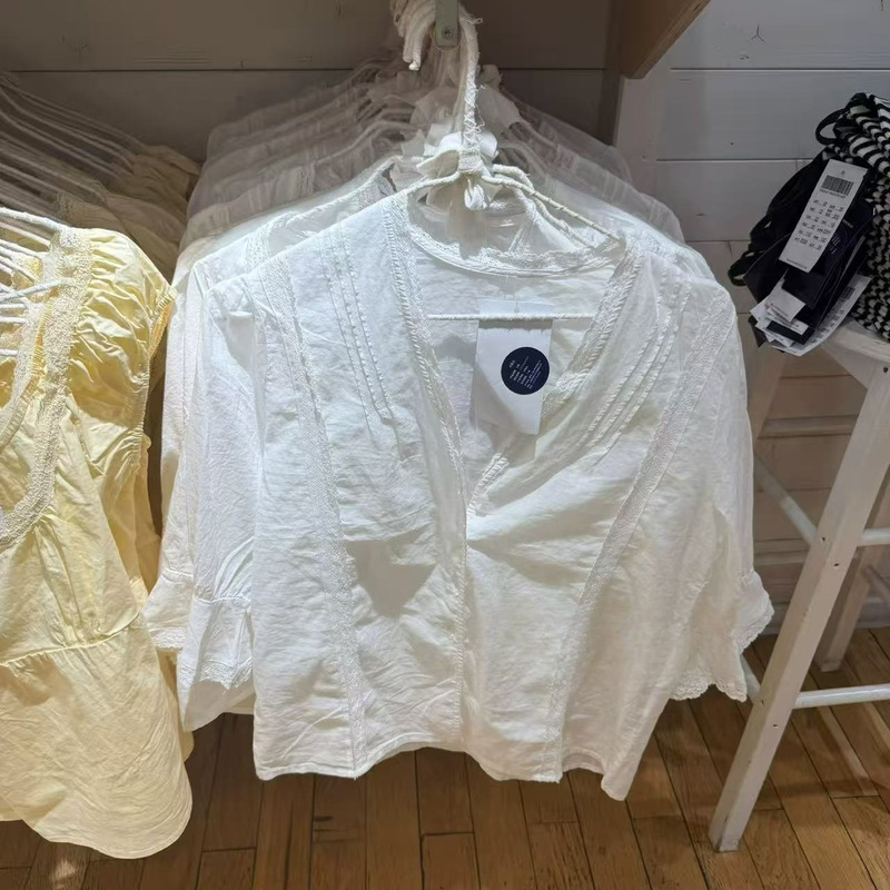 Bm Style Thin White V Neck Lace Button Bell Sleeve Shirt Women's French Lazy Style Top