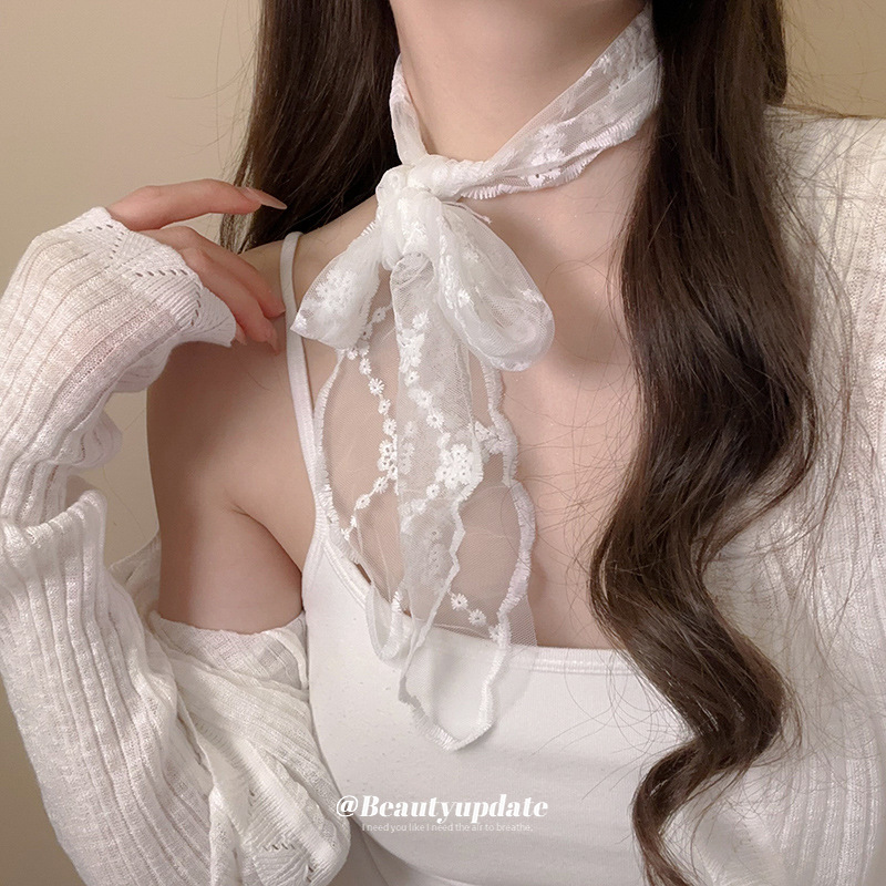 Versión coreana de la bufanda de seda bordada de encaje, banda para el cabello, lazo para el cabello casual de temperamento salvaje, tocado de vacaciones de moda, accesorios para el cabello, sentido de alta gama