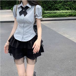 拼接蕾絲邊高腰綁帶蓬蓬短裙子女春夏半身裙韓版泡泡袖襯衫兩件套