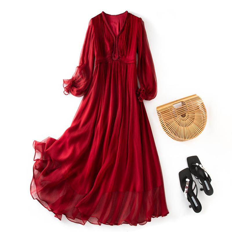 2025 Summer New V-Neck Elegant Thin Mulberry Silk Silk Dress Irregular Waist Long Sleeve dress 85044