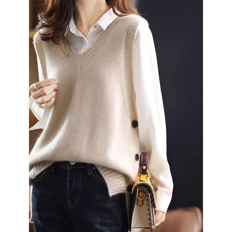 【Familia Cashmere】 Chaleco de punto de lana con cuello en V de temperamento femenino, combinado con suéter sin mangas, camisola, pantalón corto_voghion.com