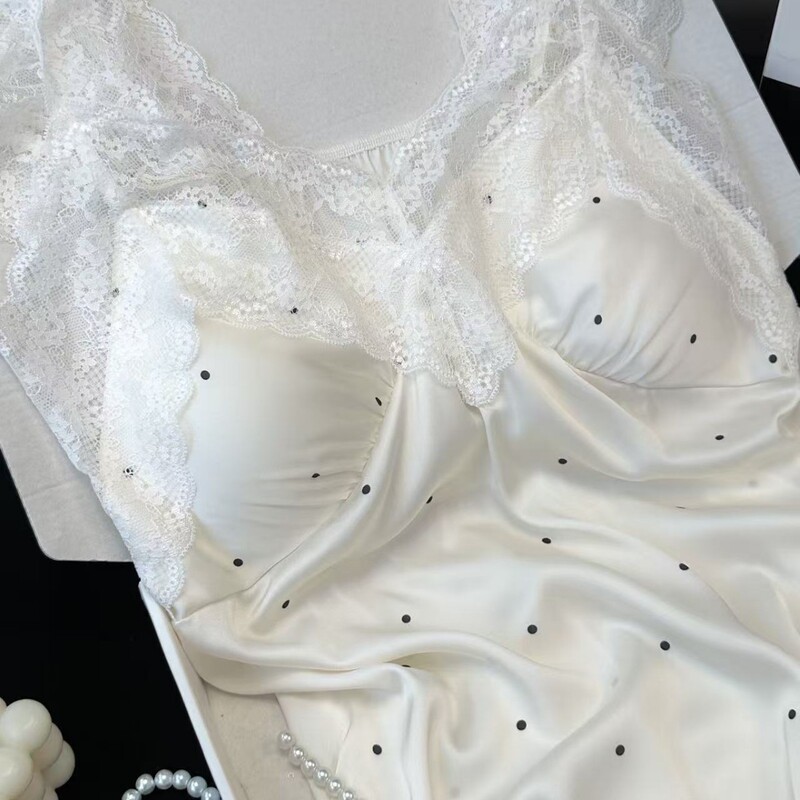 Yl063【Lightly Alluring】2026 Summer New Ice Silk Nightgown Sexy Lace Strap Pure Alluring Style Homewear