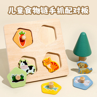 Children's Early Education Food Chain Hand Scratching Board Puzzle Building Blocks to Recognize Shapes and Patterns Matching Inlaid Wooden Toys for Toddlers