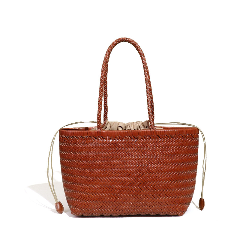 Influencer Style Genuine Leather Woven Basket Bag - Minimalist Large Capacity Versatile Shoulder Handheld Tote Bag For Women - Thumbnail 5