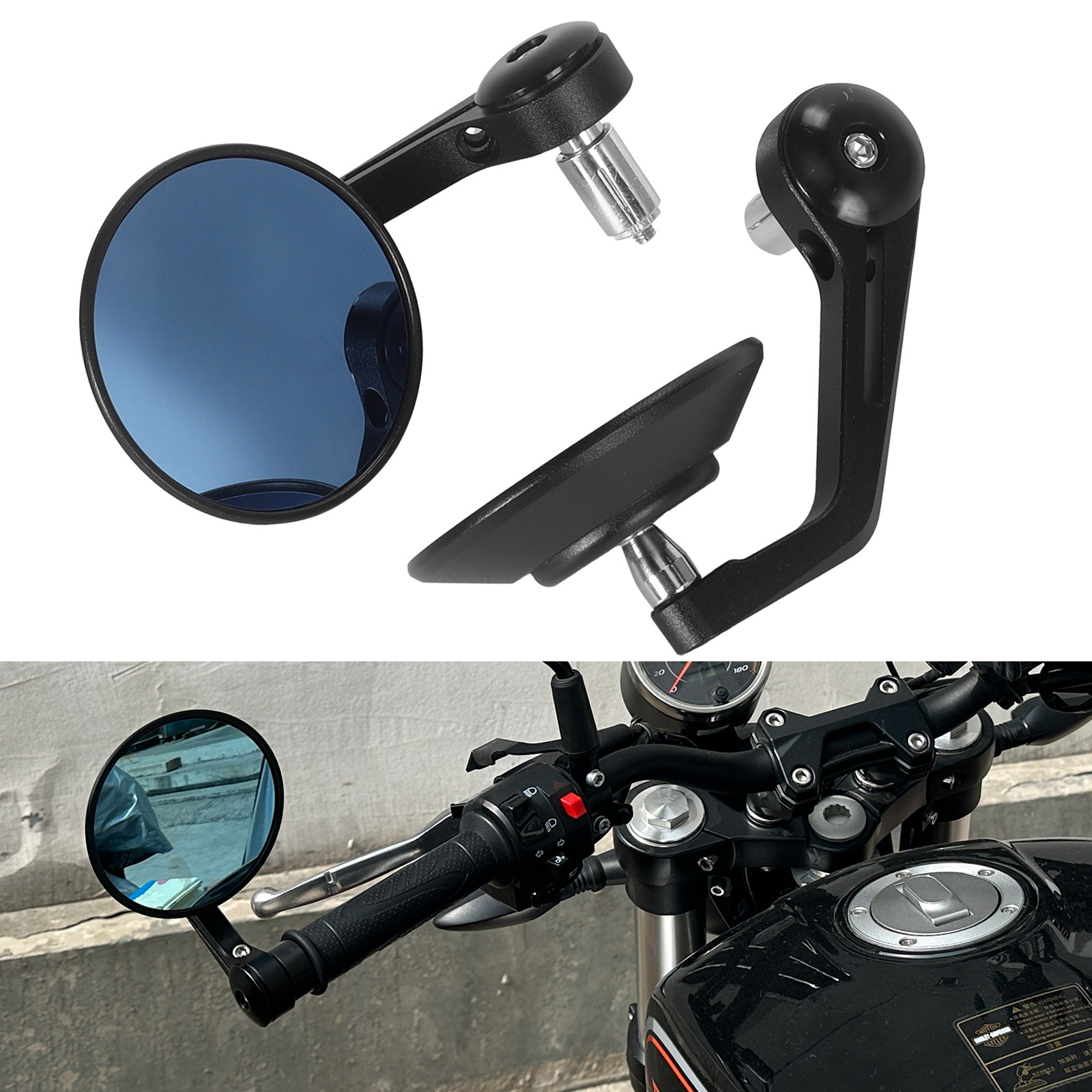 Motorcycle Cnc Retro High-Definition Handlebar Mirror, Blue Modified Cruise Bike Handlebar Mirror, Rearview Mirror, Aluminum Alloy Reflective
