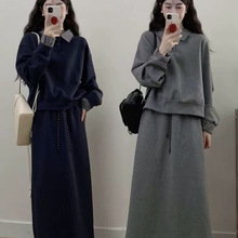 大码女装气质拼接翻领卫衣春季新款胖mm穿搭松紧腰半身裙两件套