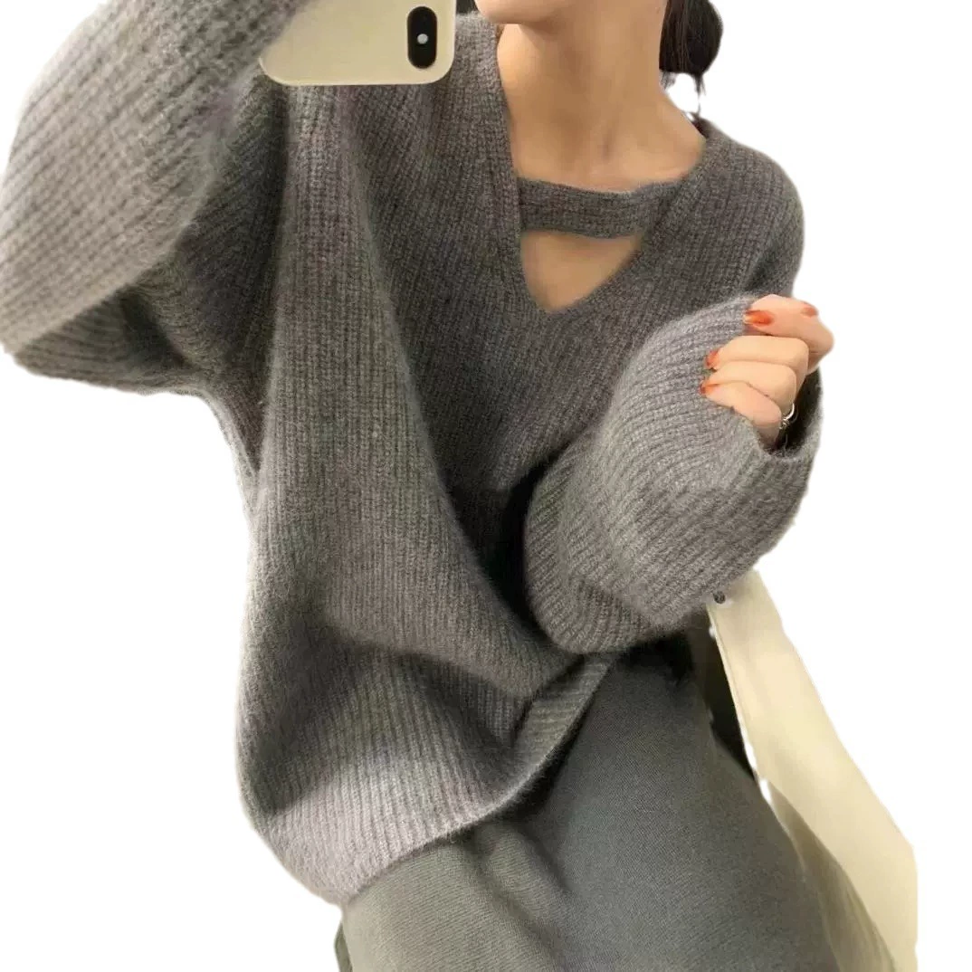 Демисезонный цветной вязаный свитер, oversize, корейский стиль, V-образный вырез
