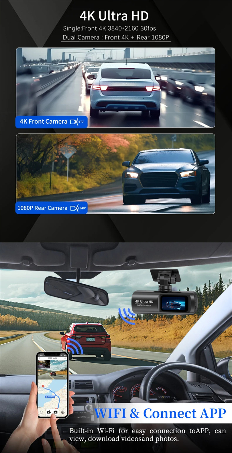 Cross-Border Hot-Selling 4K Dash Cam, High-Definition Front and Rear Dual Recording, Wifi Mobile Phone Connectivity, V22D Dual-Lens Car Camera