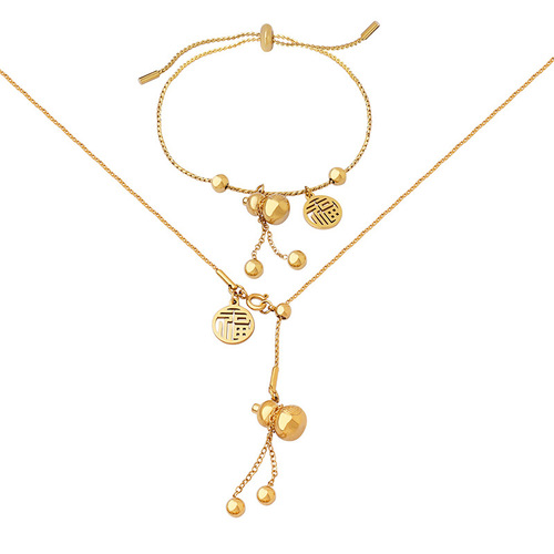 National trend Chinese style ethnic style good luck gourd and blessing pull-out bracelet titanium steel plated 18k real gold necklace jewelry set