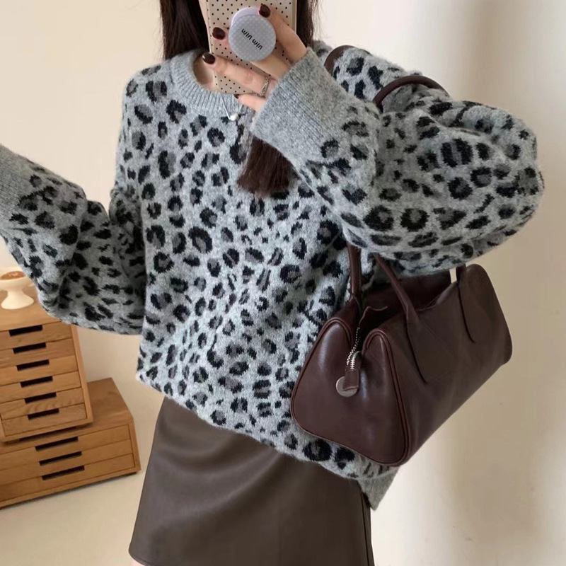 秋冬新款羊毛混纺豹纹套头毛衣女宽松慵懒潮流复古针织衫外贸上衣|undefined