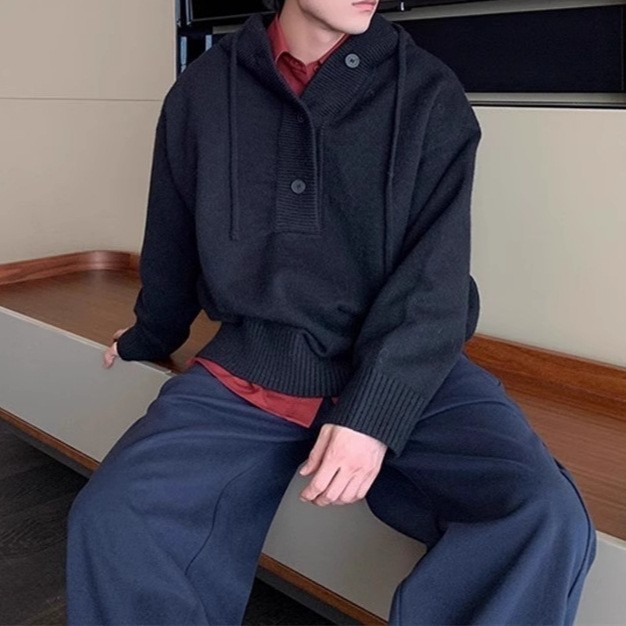 冬季半开衫连帽套头毛衣男款韩版简约纯色宽松休闲百搭针织衫上衣|undefined
