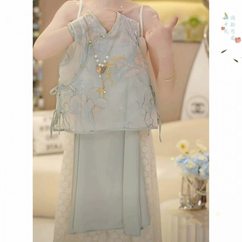 Новое платье на подтяжках в китайском стиле для девочек, лето 2025, новое платье-жилет в китайском стиле, комплект из двух предметов, крутой и стильный