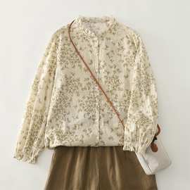 实拍图法式文艺碎花衬衫百塔小众设计薄款纯棉花边领印花小衫女