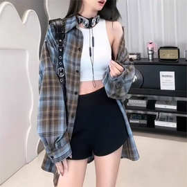 美式复古格子衬衫女2024新款春秋薄款设计感小众宽松长袖衬衣外套
