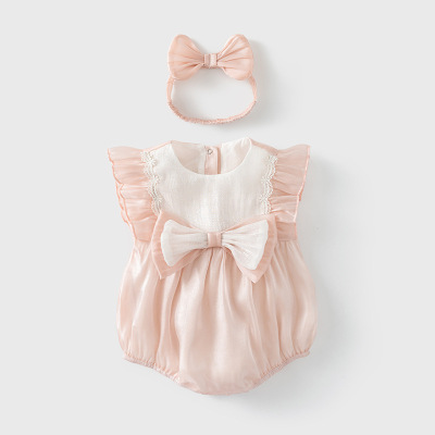 婴儿连体衣女宝宝衣服短袖哈衣爬服夏薄款公主百天周岁蕾丝包屁衣