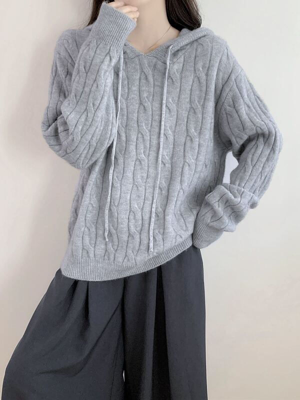 韩版麻花毛衣女秋冬2025款连帽复古日系慵懒宽松软糯针织衫上衣女|undefined