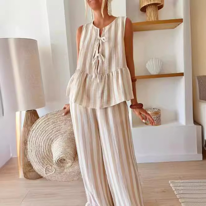 Amazon TEMU Front Lace-Up 2-Piece Pants suit Striped Front Cardigan Vest Top Wide Leg Casual Pants Summer