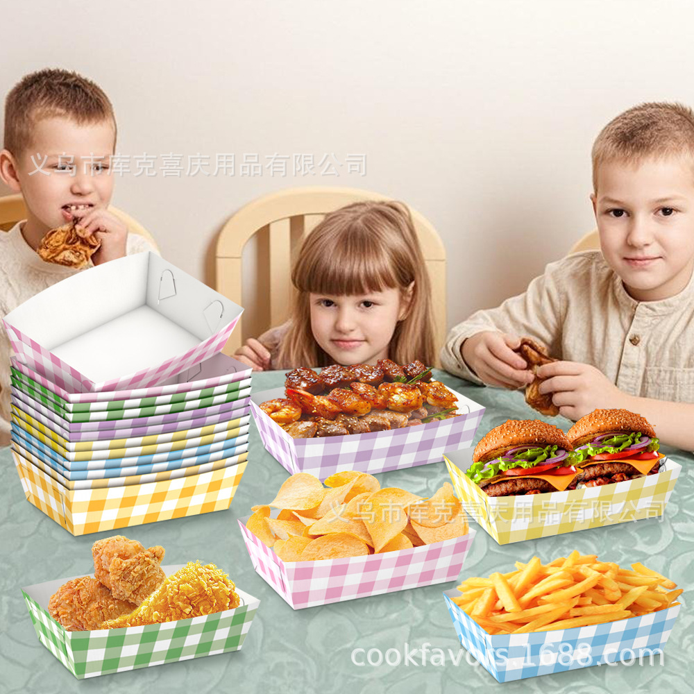 Bandeja de bocadillos desechables a cuadros de color personalizada, fiesta de cumpleaños, caja de papas fritas, caja de papel tipo barco de bocadillos, decoración de fiesta