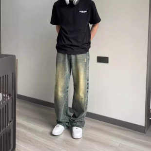 Washed Vintage Men's Jeans Autumn American Retro Loose Wide-Leg Straight Floor-Length Pants Trendy Street Style Cool Pants
